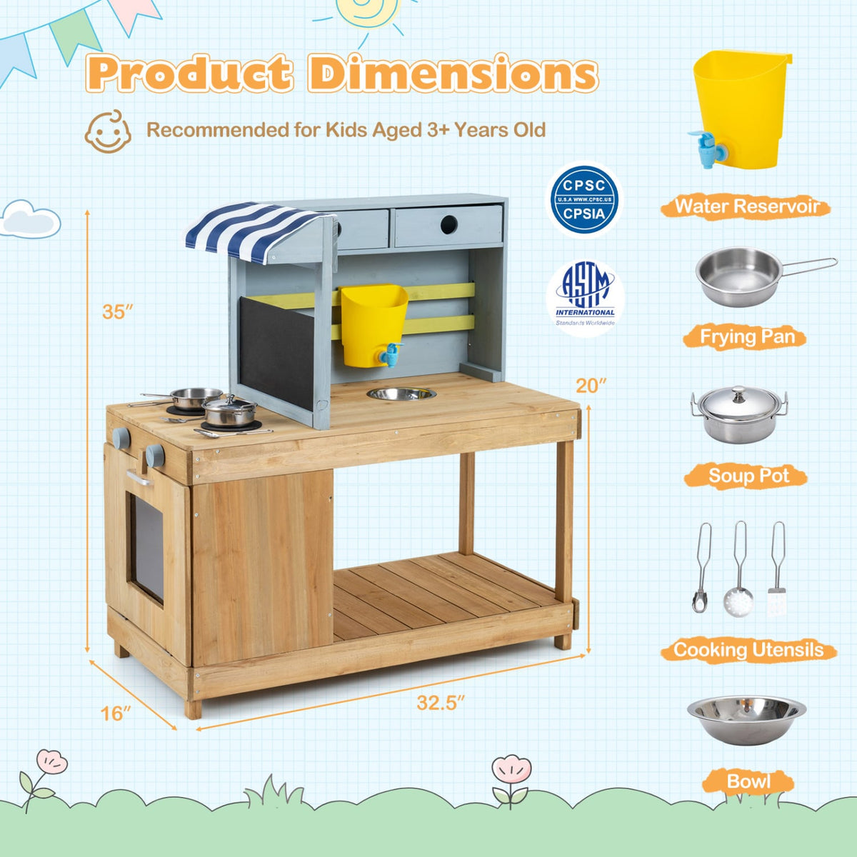 Fir Wood Kids Kitchen Playset with Canopy and Faucet-Natural view 4