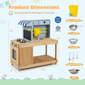 Fir Wood Kids Kitchen Playset with Canopy and Faucet-Natural view 4