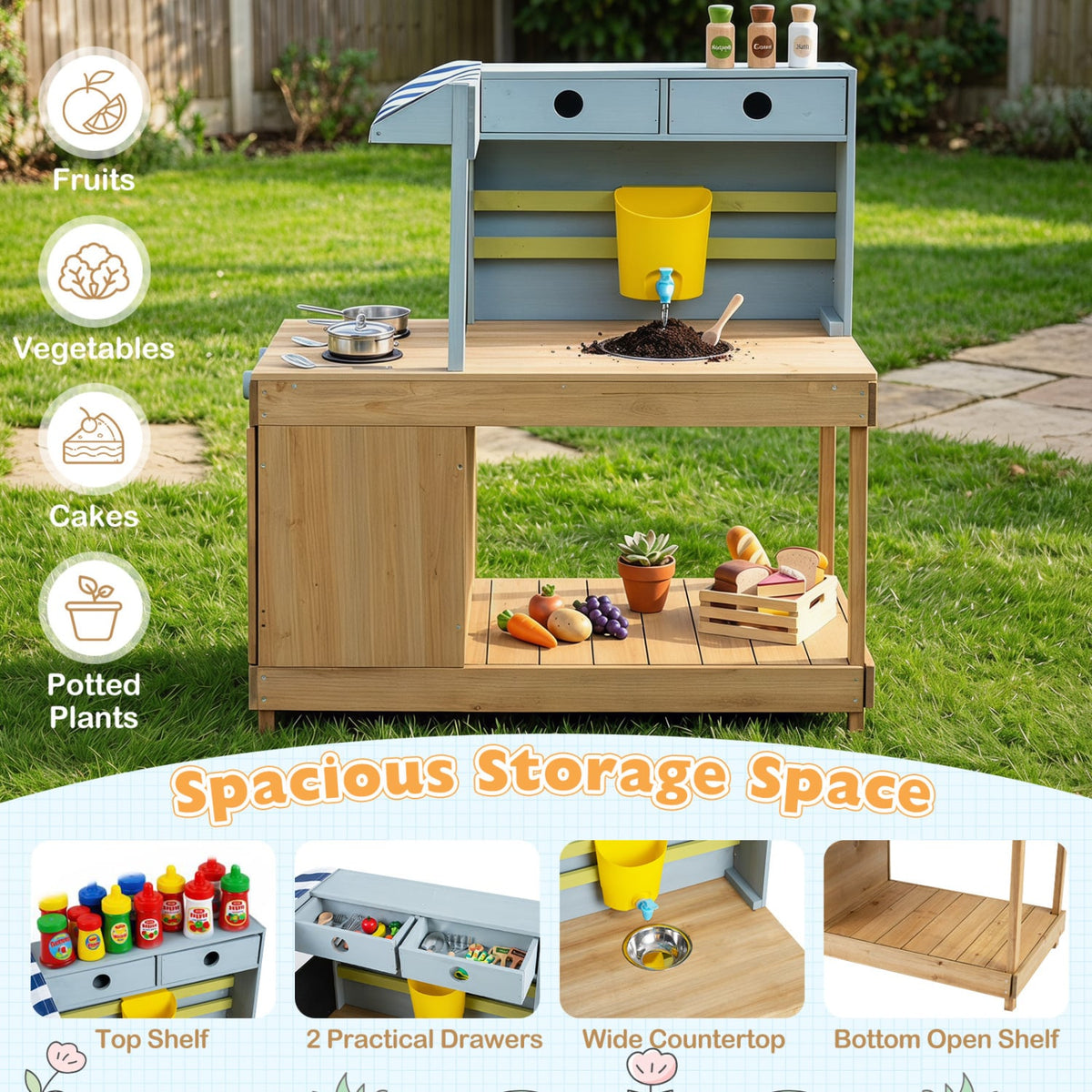 Fir Wood Kids Kitchen Playset with Canopy and Faucet-Natural view 5