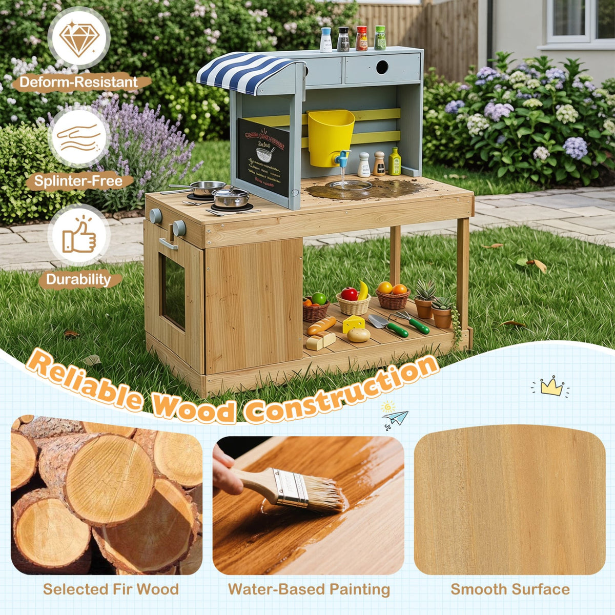 Fir Wood Kids Kitchen Playset with Canopy and Faucet-Natural view 6