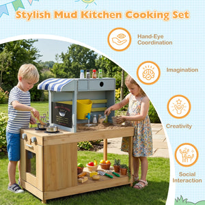 Fir Wood Kids Kitchen Playset with Canopy and Faucet-Natural view 9