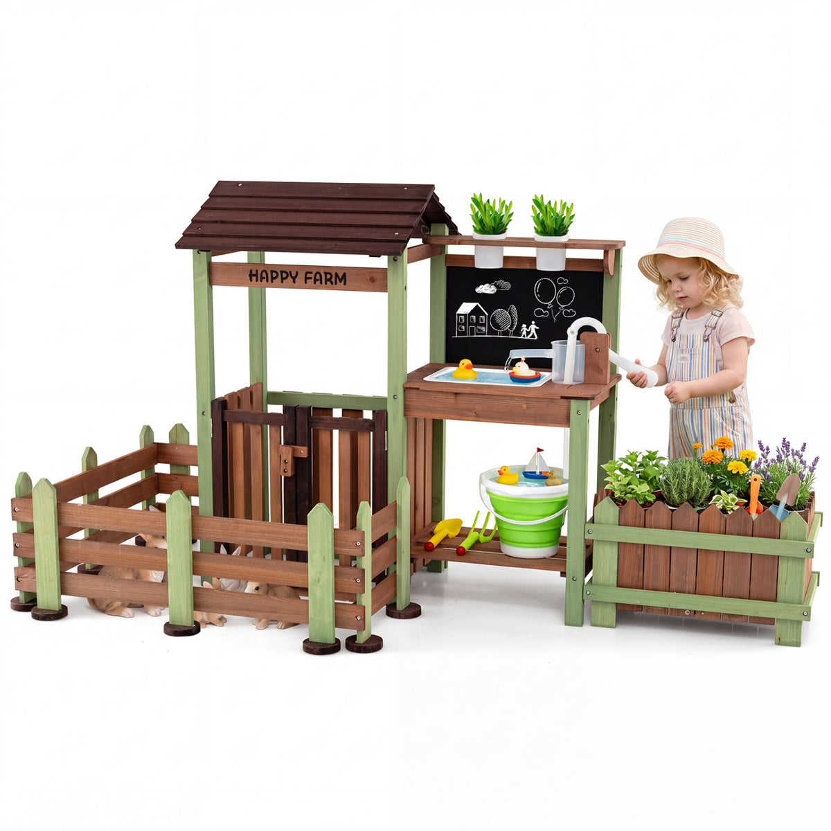 Fir Wood Mud Farm Playset with Planter Box Lockable Yard and Faucet for 3+ Kids view 4