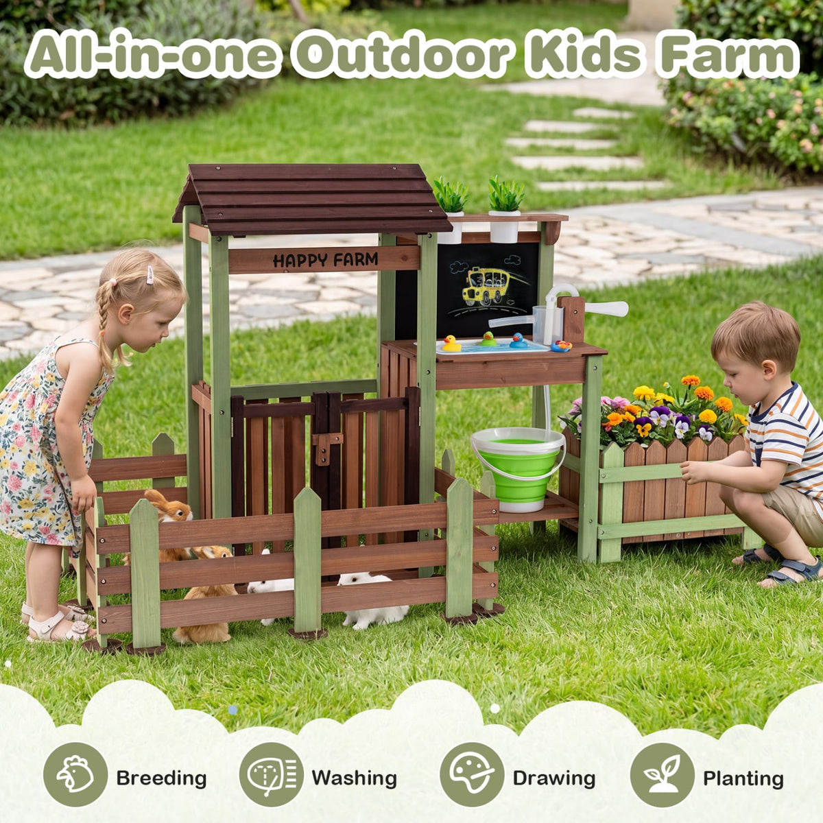 Fir Wood Mud Farm Playset with Planter Box Lockable Yard and Faucet for 3+ Kids view 6