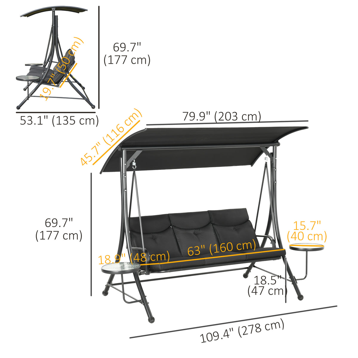 3 Seat Outdoor Swing Chair Steel Swing Bench Porch Swing With Adjustable Canopy – view 9