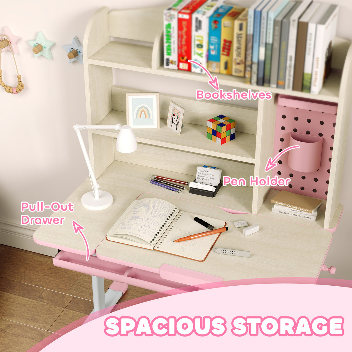 Qaba Kids Desk and Chair Set with Tilting Desktop, Adjustable Height, Drawer and Shelves for Boys Girls Ages 3-12