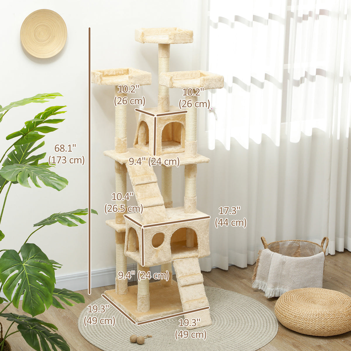 68-inch Multi-Level Cat Scratching Tree Kitty Activity Center Post Tower Condo Pet Furniture w/ Toy Beige – view 7
