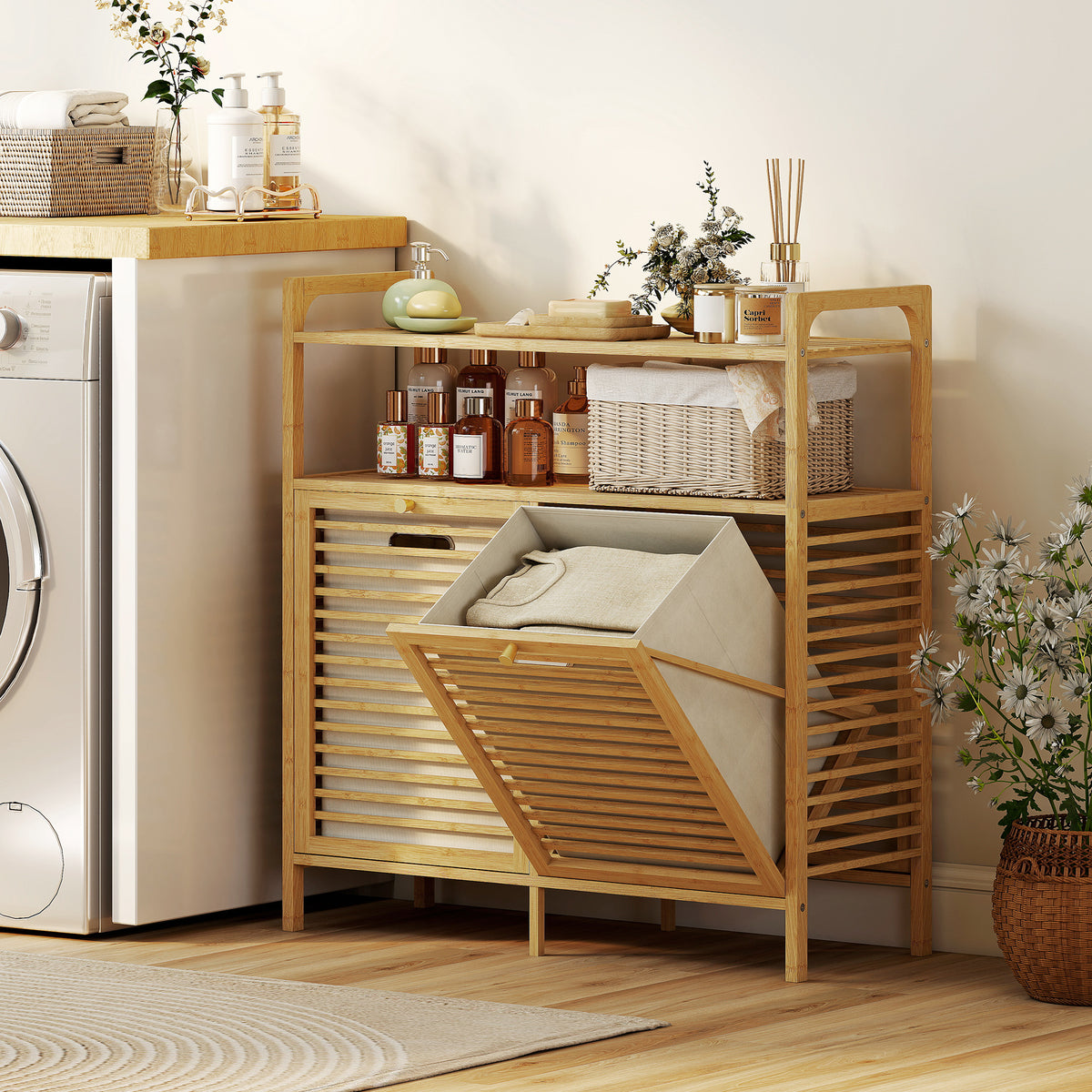 Tilt Out Laundry Hamper, Bamboo Laundry Cabinet with 2 Removable Baskets and 2-Tier Shelves for Laundry Room, Natural