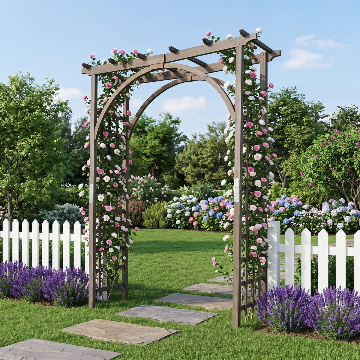 Flat Top Garden Arch Trellis 85 inches Tall Wood for Climbing Plants and Wedding-Brown view 2