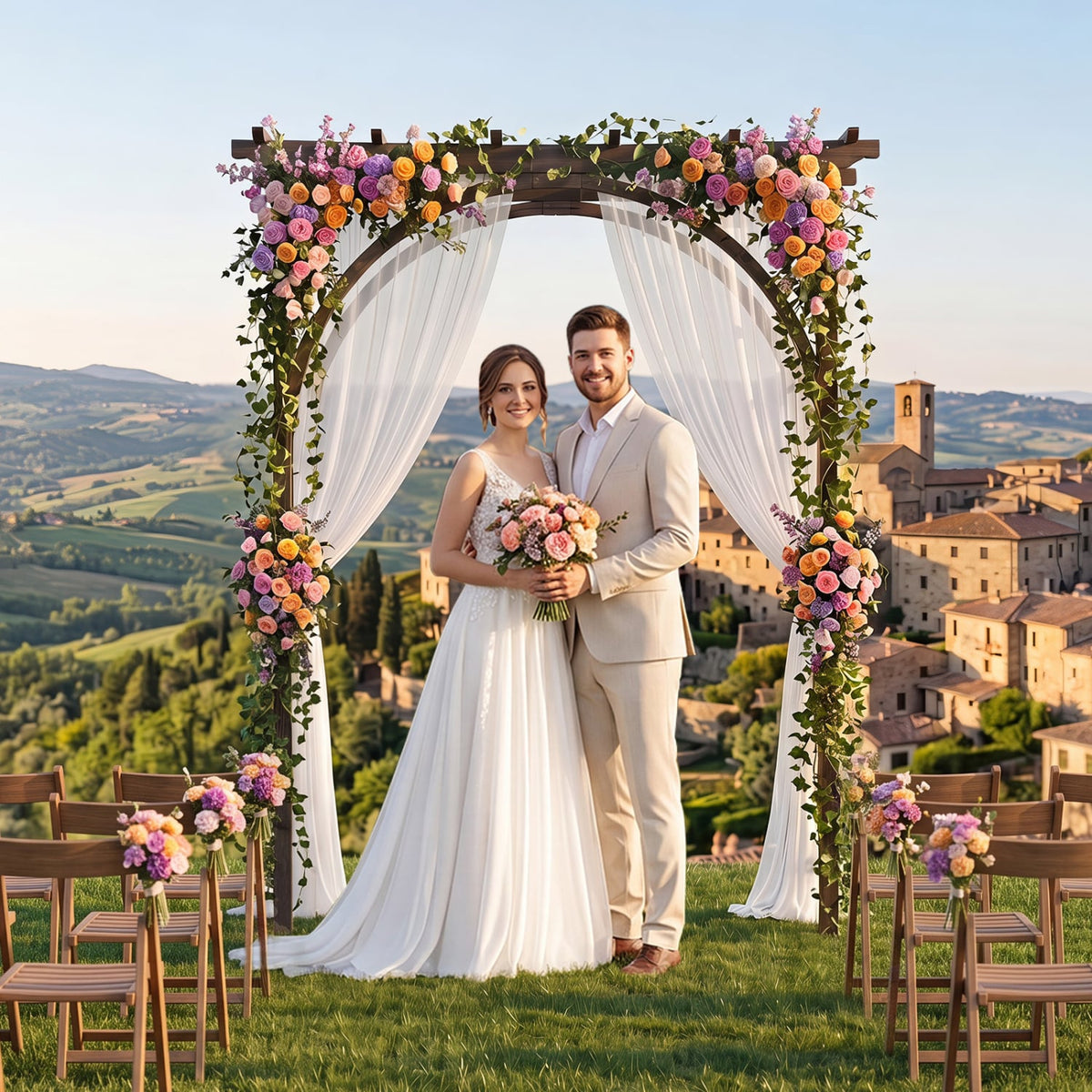 Flat Top Garden Arch Trellis 85 inches Tall Wood for Climbing Plants and Wedding-Brown view 3