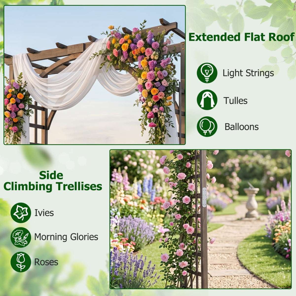 Flat Top Garden Arch Trellis 85 inches Tall Wood for Climbing Plants and Wedding-Brown view 7