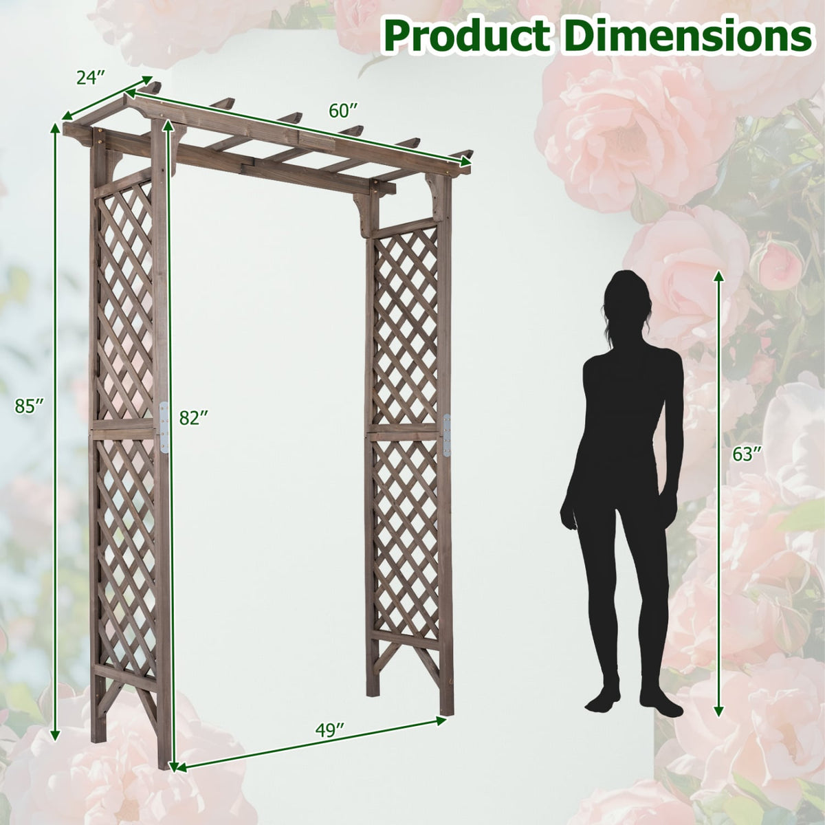 Flat Top Garden Arch with Gate 85 inches Tall Wood for Climbing Plants and Wedding-Brown view 5