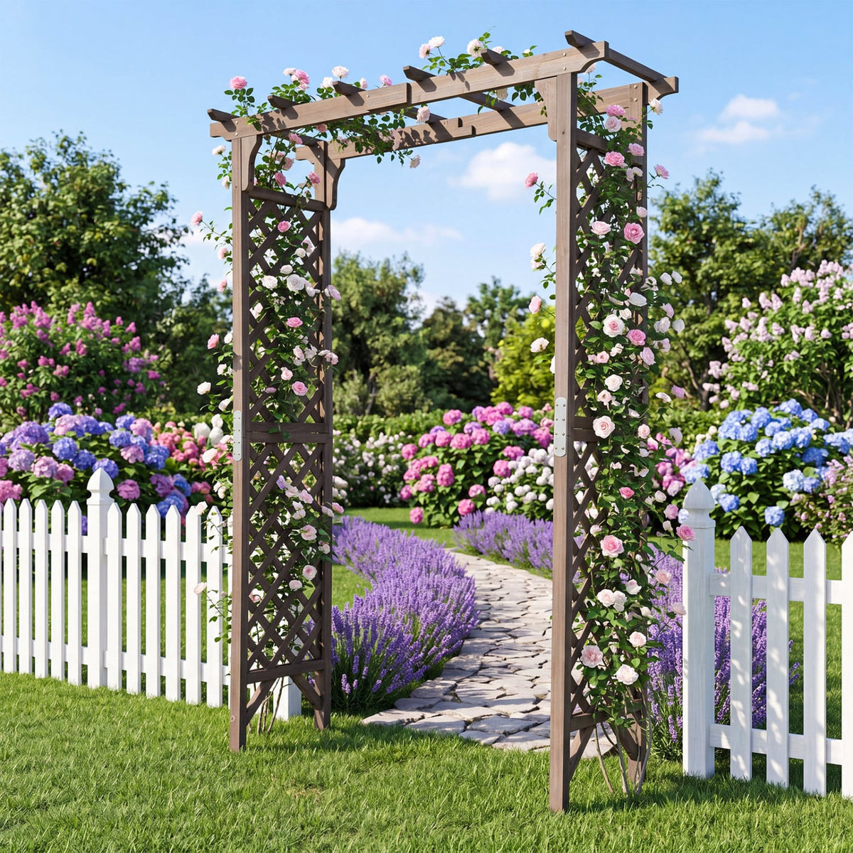 Flat Top Garden Arch with Gate 85 inches Tall Wood for Climbing Plants and Wedding-Brown view 2