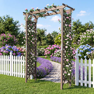 Flat Top Garden Arch with Gate 85 inches Tall Wood for Climbing Plants and Wedding-Brown view 2