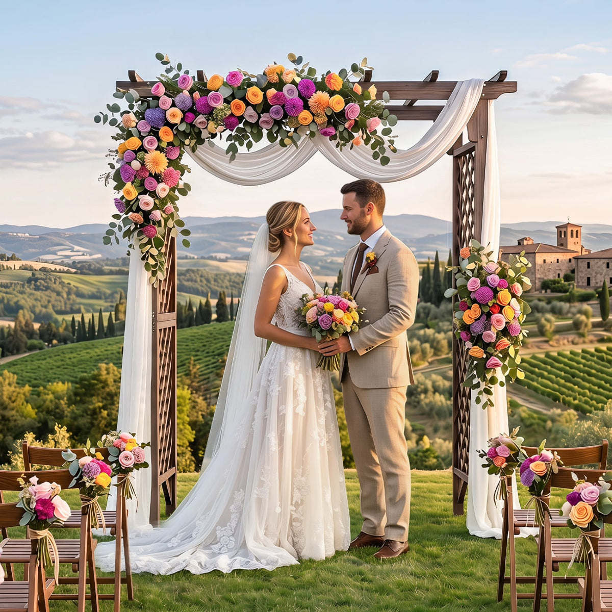 Flat Top Garden Arch with Gate 85 inches Tall Wood for Climbing Plants and Wedding-Brown view 3