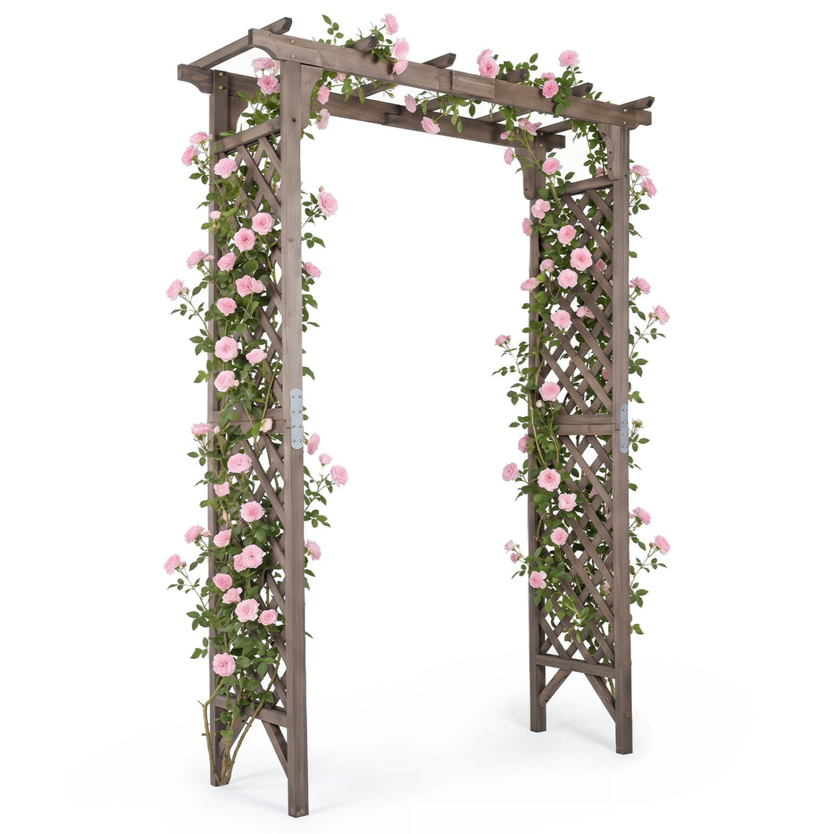 Flat Top Garden Arch with Gate 85 inches Tall Wood for Climbing Plants and Wedding-Brown