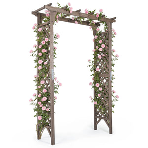 Flat Top Garden Arch with Gate 85 inches Tall Wood for Climbing Plants and Wedding-Brown