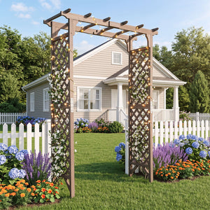 Flat Top Garden Arch with Gate 85 inches Tall Wood for Climbing Plants and Wedding-Brown view 6