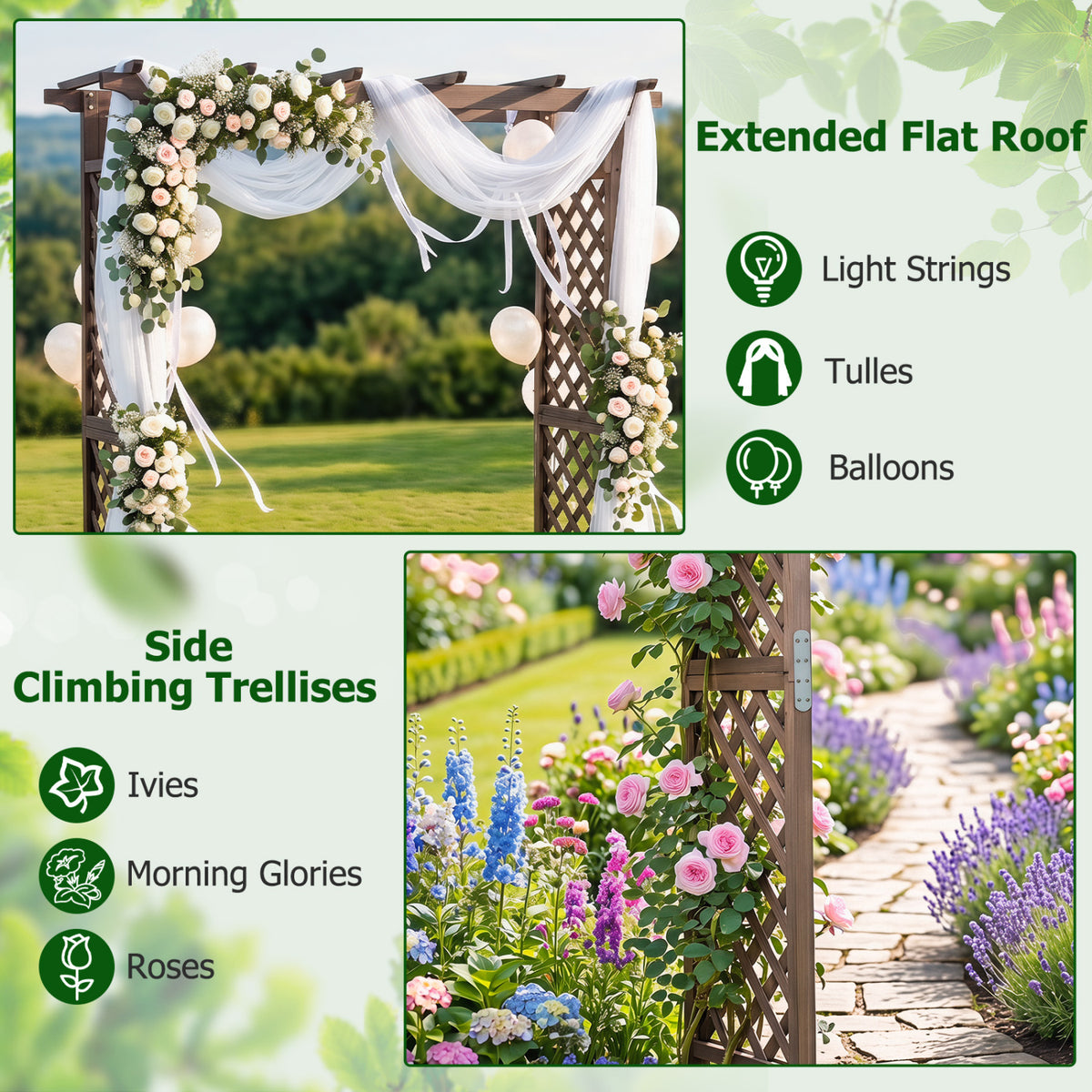 Flat Top Garden Arch with Gate 85 inches Tall Wood for Climbing Plants and Wedding-Brown view 7