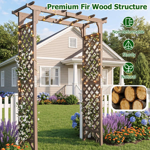 Flat Top Garden Arch with Gate 85 inches Tall Wood for Climbing Plants and Wedding-Brown view 8