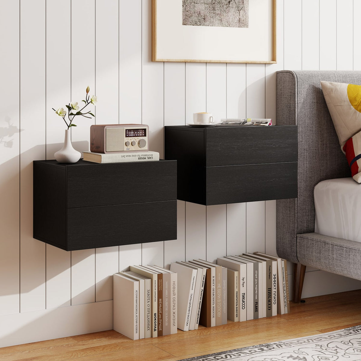 Floating Nightstand with 2 Storage Drawers Wall Mounted for Bedroom-Black view 3