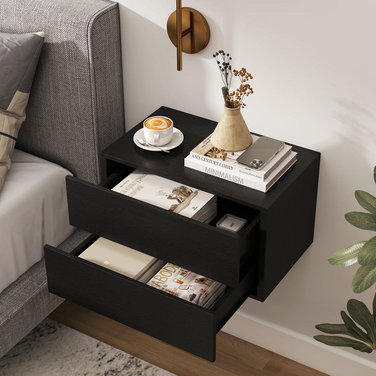 Floating Nightstand with 2 Storage Drawers Wall Mounted for Bedroom-Black view 6