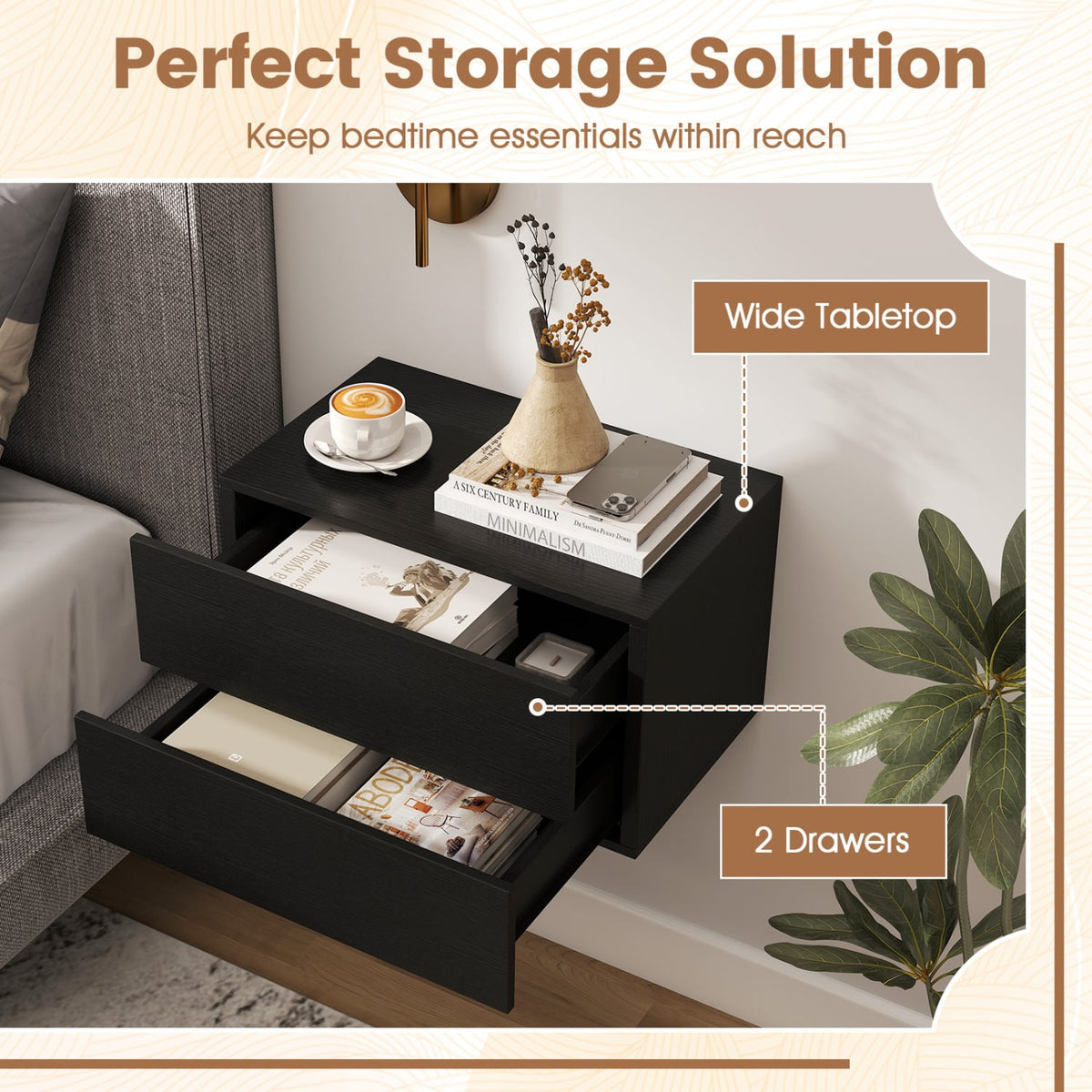 Floating Nightstand with 2 Storage Drawers Wall Mounted for Bedroom-Black view 9