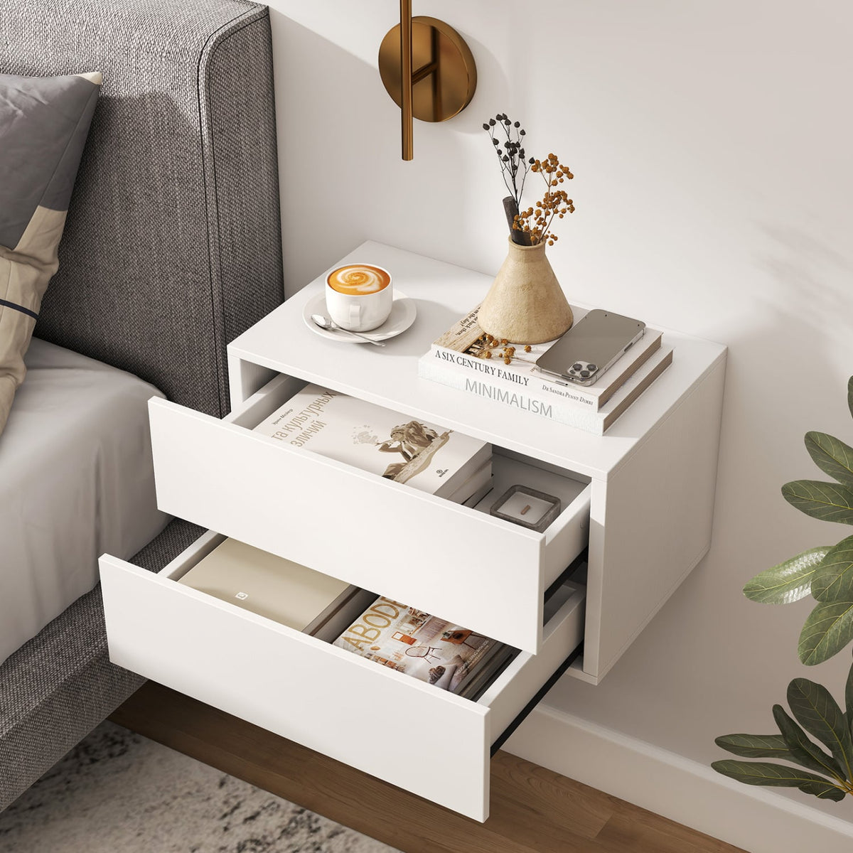 Floating Nightstand with 2 Storage Drawers Wall Mounted for Bedroom-White view 6