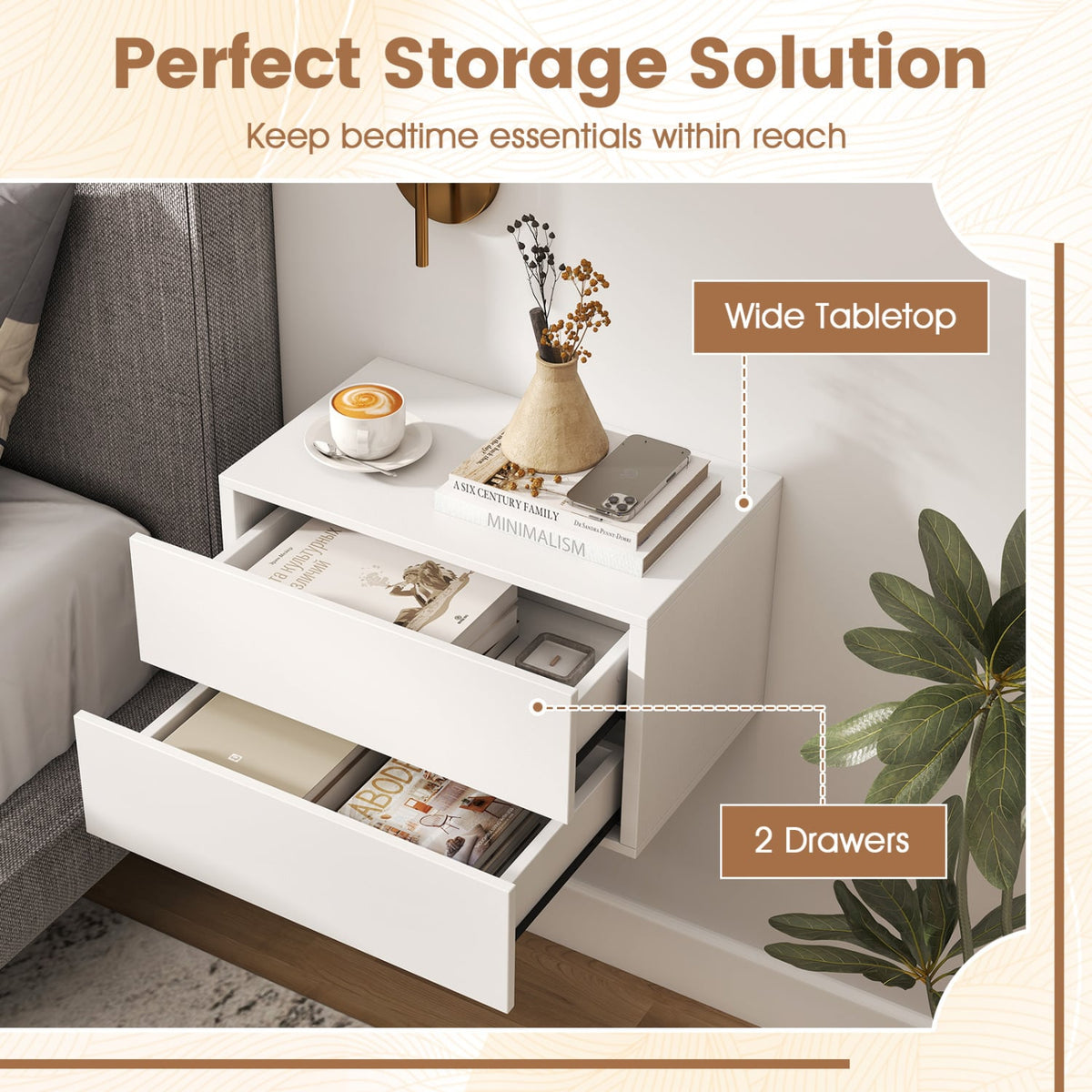 Floating Nightstand with 2 Storage Drawers Wall Mounted for Bedroom-White view 7