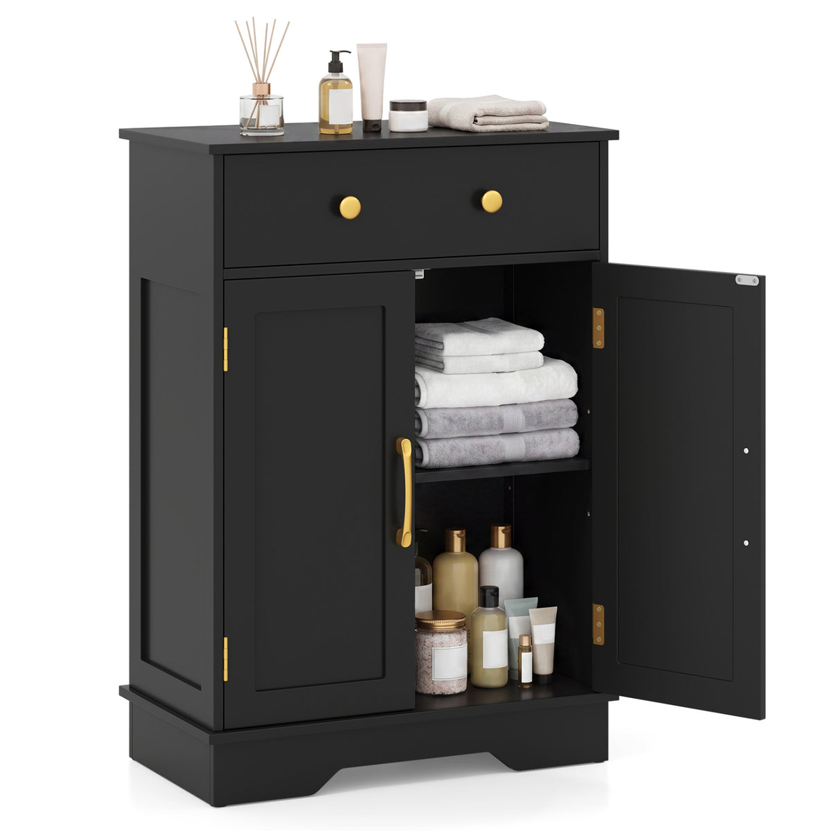 Floor Storage Cabinet with Doors Modern Buffet Sideboard with Drawer and Adjustable Shelf-Black view 4