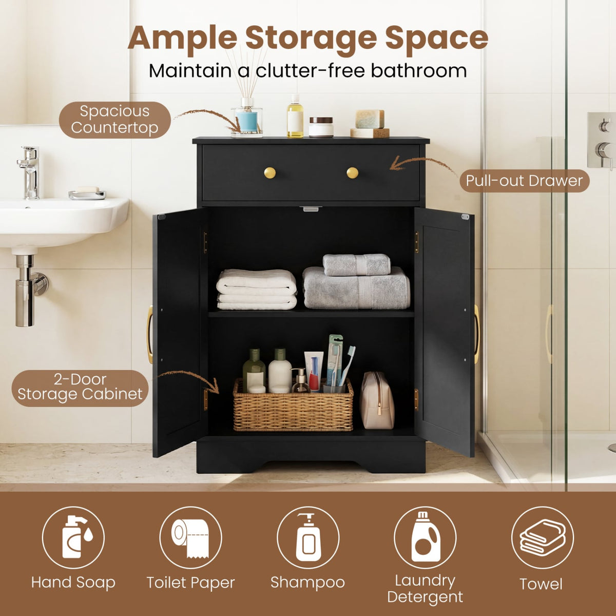 Floor Storage Cabinet with Doors Modern Buffet Sideboard with Drawer and Adjustable Shelf-Black view 6