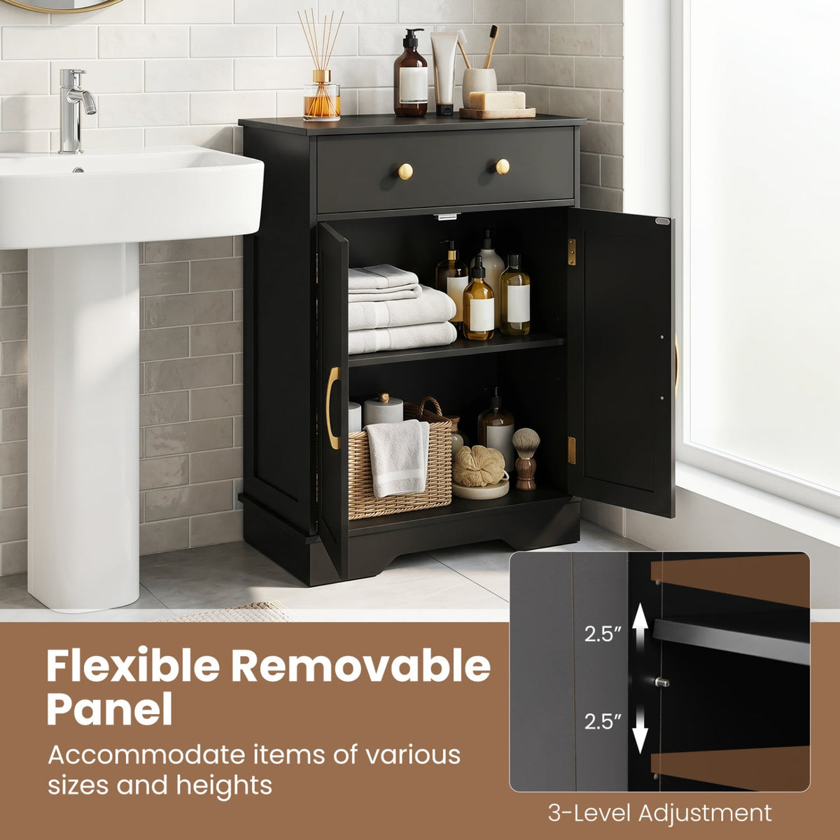 Floor Storage Cabinet with Doors Modern Buffet Sideboard with Drawer and Adjustable Shelf-Black view 7
