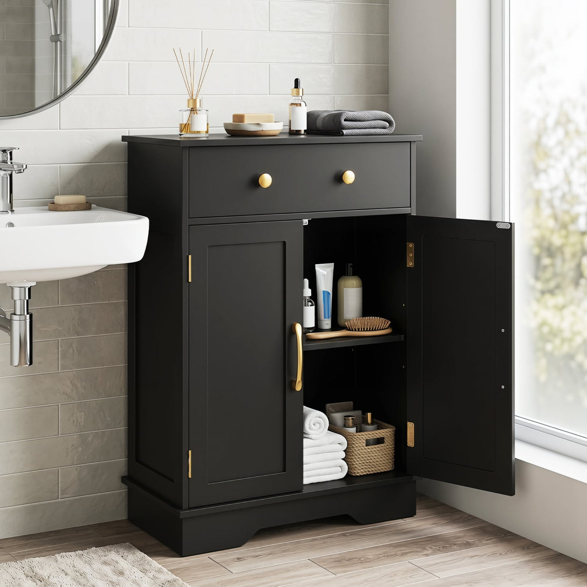 Floor Storage Cabinet with Doors Modern Buffet Sideboard with Drawer and Adjustable Shelf-Black view 2