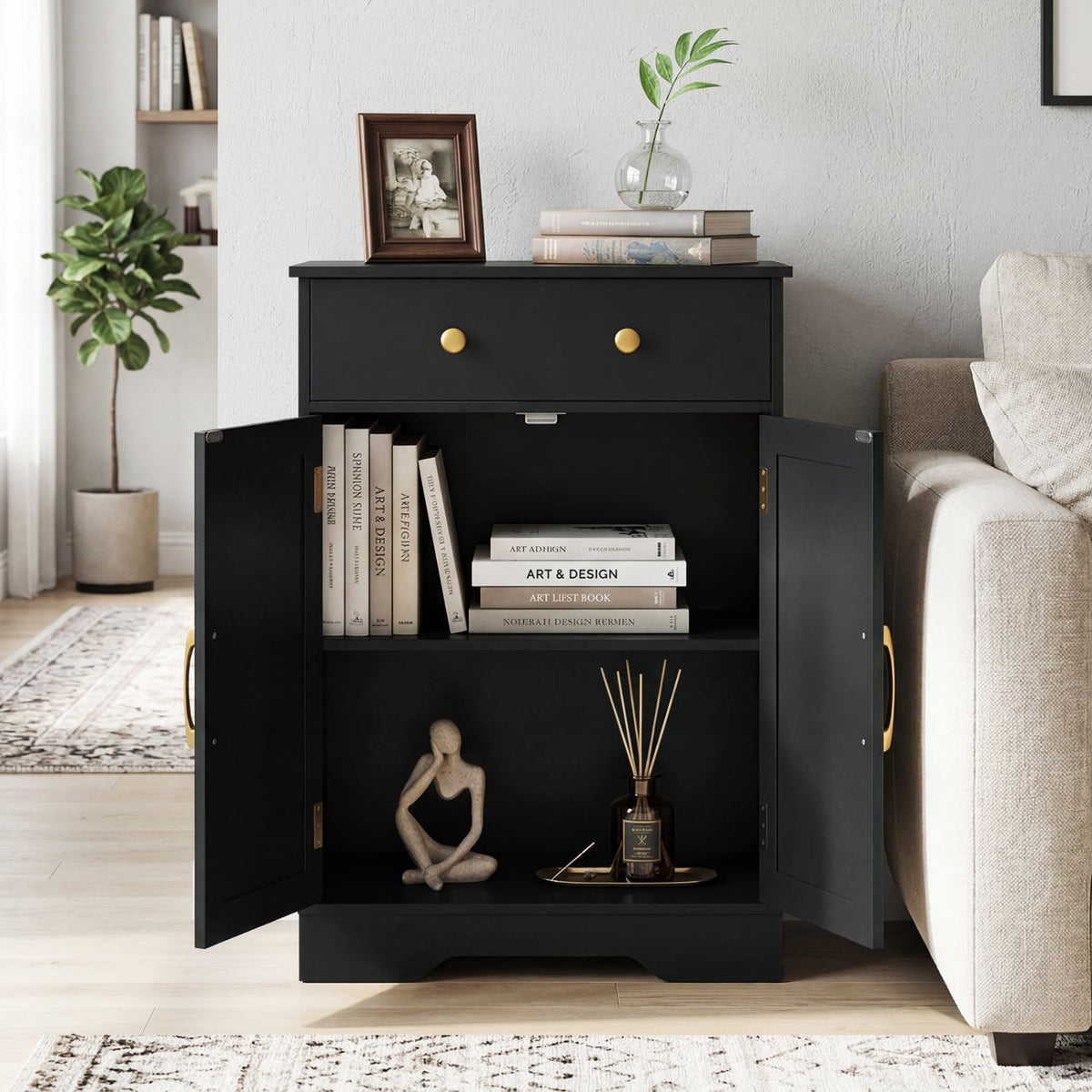 Floor Storage Cabinet with Doors Modern Buffet Sideboard with Drawer and Adjustable Shelf-Black view 3