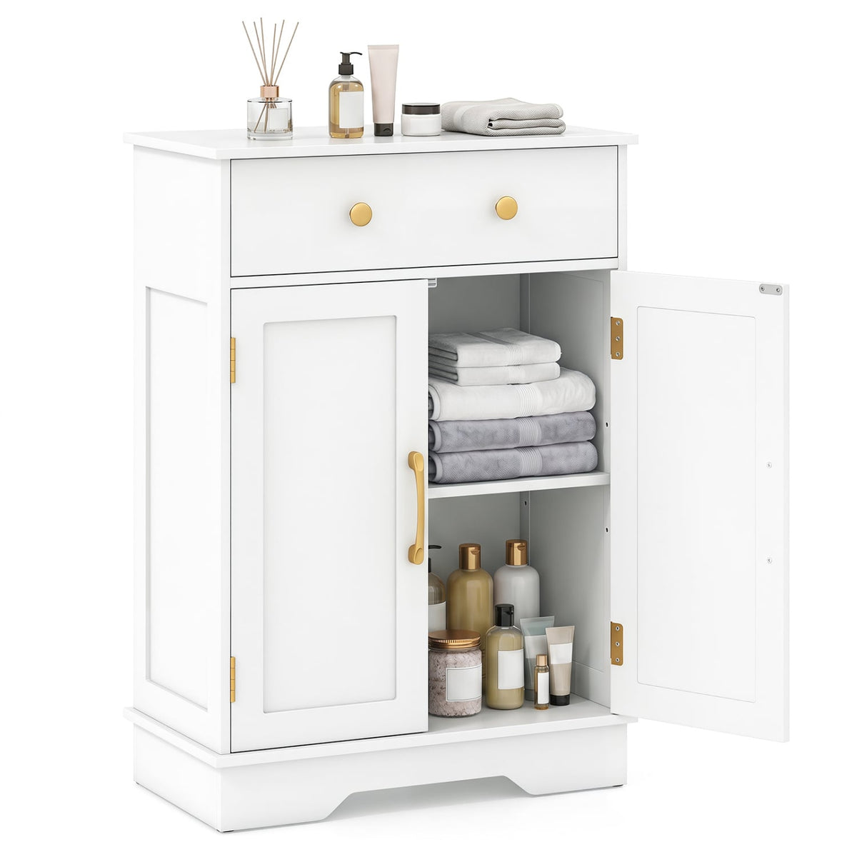 Floor Storage Cabinet with Doors Modern Buffet Sideboard with Drawer and Adjustable Shelf-White view 4
