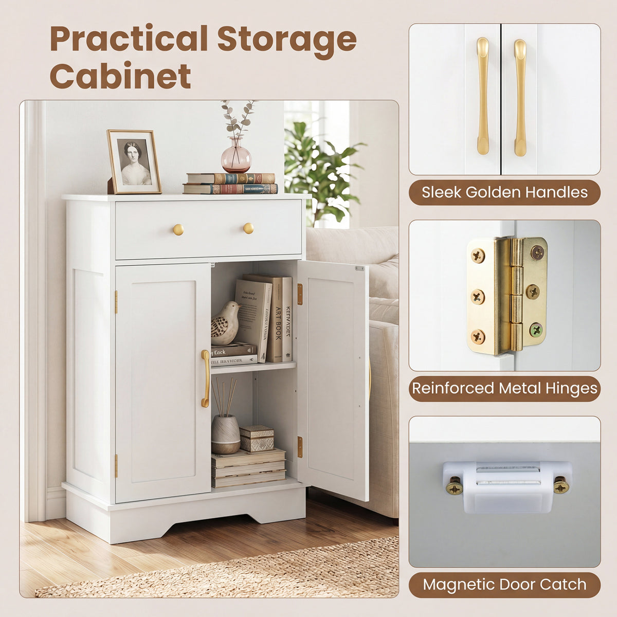 Floor Storage Cabinet with Doors Modern Buffet Sideboard with Drawer and Adjustable Shelf-White view 8