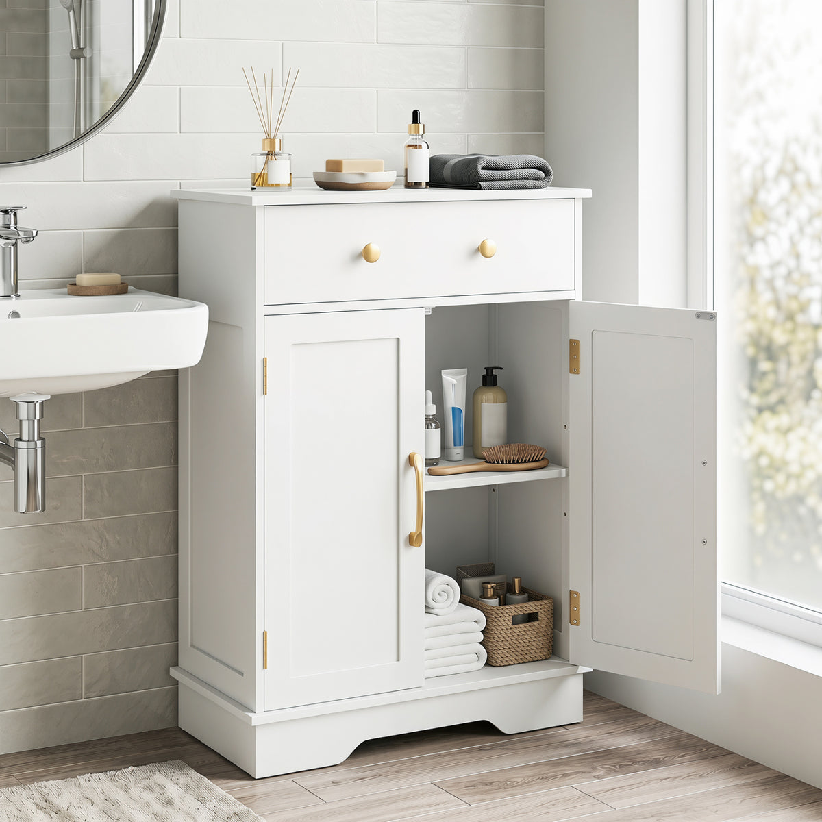 Floor Storage Cabinet with Doors Modern Buffet Sideboard with Drawer and Adjustable Shelf-White view 2