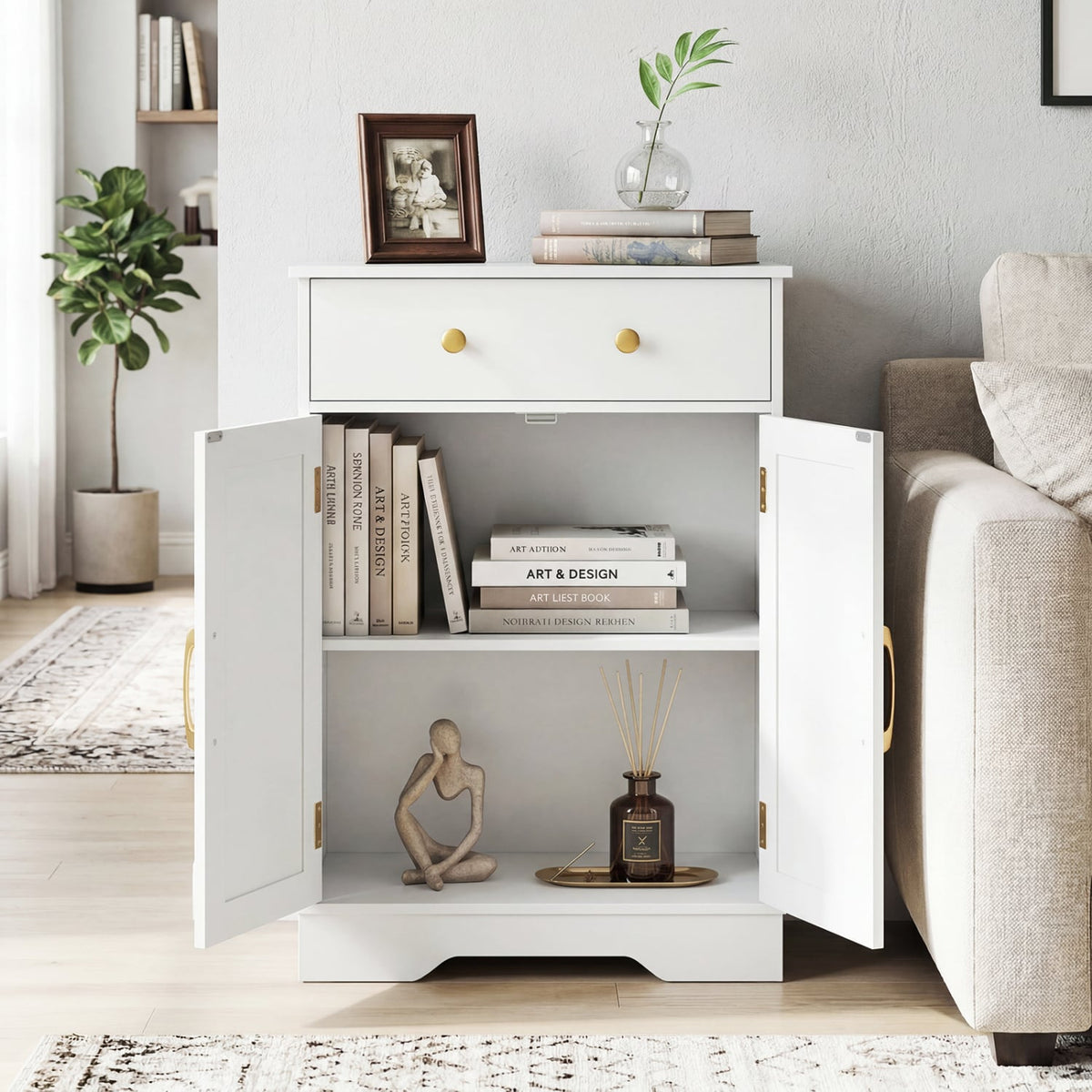 Floor Storage Cabinet with Doors Modern Buffet Sideboard with Drawer and Adjustable Shelf-White view 3