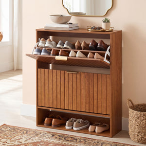 Fluted Hidden Shoe Cabinet with 2 Flip Drawers and Open Storage-Walnut view 2