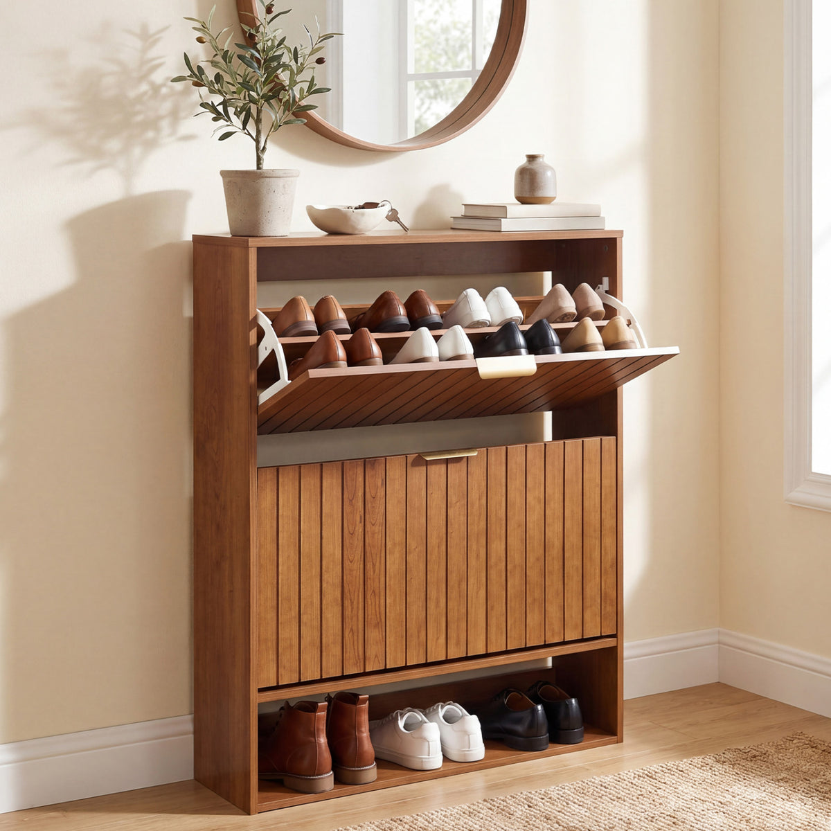 Fluted Hidden Shoe Cabinet with 2 Flip Drawers and Open Storage-Walnut view 3