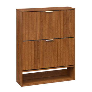 Fluted Hidden Shoe Cabinet with 2 Flip Drawers and Open Storage-Walnut
