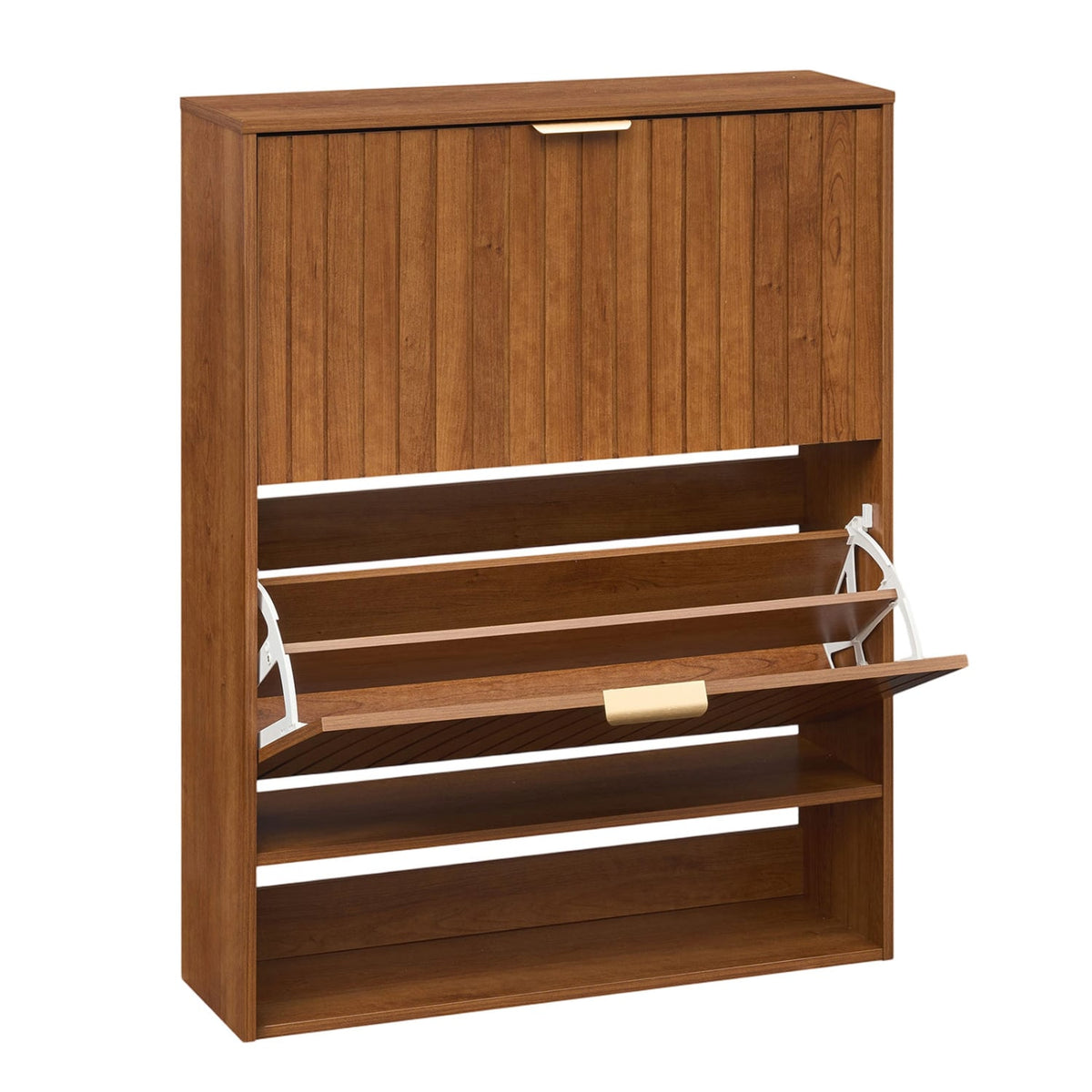 Fluted Hidden Shoe Cabinet with 2 Flip Drawers and Open Storage-Walnut view 4
