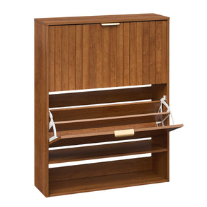 Fluted Hidden Shoe Cabinet with 2 Flip Drawers and Open Storage-Walnut view 4
