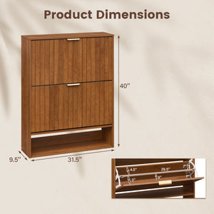 Fluted Hidden Shoe Cabinet with 2 Flip Drawers and Open Storage-Walnut view 5