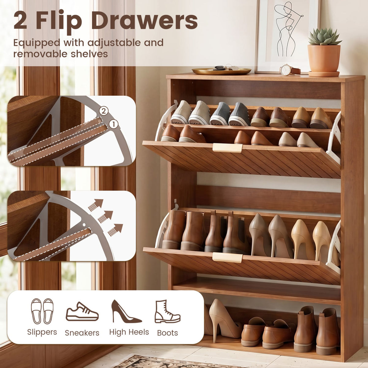 Fluted Hidden Shoe Cabinet with 2 Flip Drawers and Open Storage-Walnut view 6