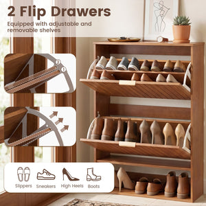 Fluted Hidden Shoe Cabinet with 2 Flip Drawers and Open Storage-Walnut view 6