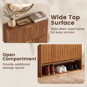 Fluted Hidden Shoe Cabinet with 2 Flip Drawers and Open Storage-Walnut view 7