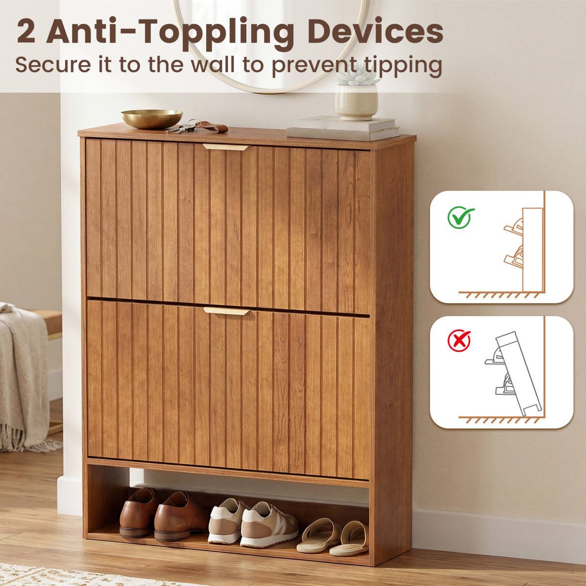 Fluted Hidden Shoe Cabinet with 2 Flip Drawers and Open Storage-Walnut view 8