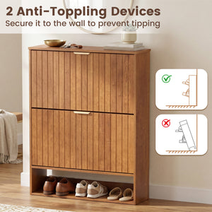 Fluted Hidden Shoe Cabinet with 2 Flip Drawers and Open Storage-Walnut view 8