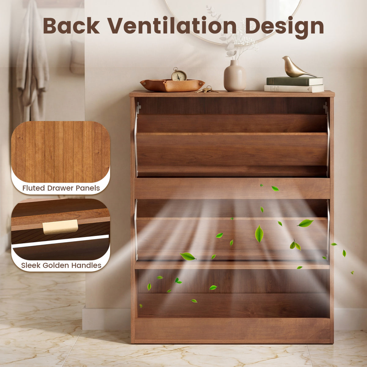 Fluted Hidden Shoe Cabinet with 2 Flip Drawers and Open Storage-Walnut view 9