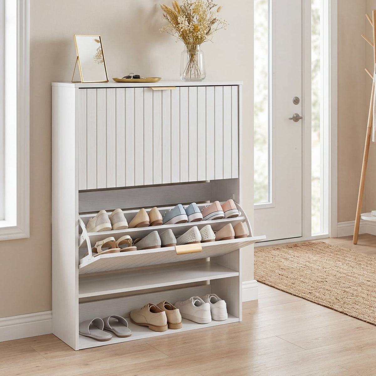 Fluted Hidden Shoe Cabinet with 2 Flip Drawers and Open Storage-White view 2
